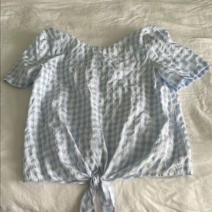 Blue and White Gingham Tie-Front Blouse
